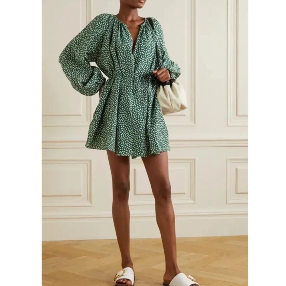 Matteau Silk Cotton Blend Voluminous Mini Dress Green White Floral Print - Picture 7 of 12
